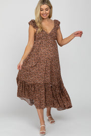 Brown Floral Ruffle Accent Maternity Midi Dress