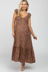 Brown Floral Ruffle Accent Maternity Midi Dress