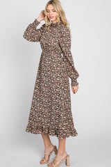 Brown Floral Mock Neck Midi Dress