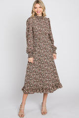 Brown Floral Mock Neck Midi Dress