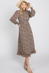 Brown Floral Mock Neck Midi Dress