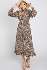 Brown Floral Mock Neck Midi Dress