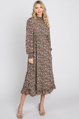 Brown Floral Mock Neck Midi Dress