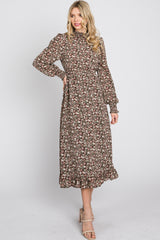 Brown Floral Mock Neck Midi Dress