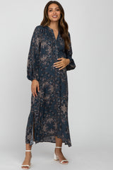 Dark Teal Floral V-Neck Side Slit Maternity Midi Dress