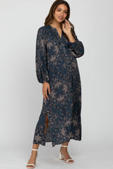 Dark Teal Floral V-Neck Side Slit Maternity Midi Dress