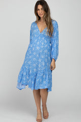 Blue Ditsy Floral V-Neck Handkerchief Maternity Dress