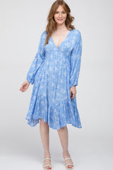 Blue Ditsy Floral V-Neck Handkerchief Maternity Dress