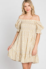 Yellow Floral Square Neck Smocked Ruffle Hem Dress