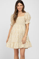 Yellow Floral Square Neck Smocked Ruffle Hem Maternity Dress