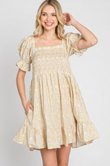 Yellow Floral Square Neck Smocked Ruffle Hem Dress