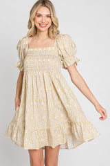 Yellow Floral Square Neck Smocked Ruffle Hem Dress