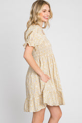 Yellow Floral Square Neck Smocked Ruffle Hem Dress