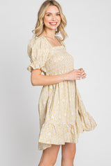 Yellow Floral Square Neck Smocked Ruffle Hem Dress