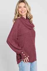 Burgundy Brushed Cowl Neck Button Accent Top