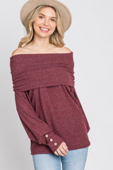 Burgundy Brushed Cowl Neck Button Accent Top