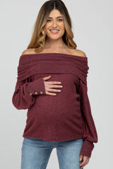 Burgundy Brushed Cowl Neck Button Accent Maternity Top