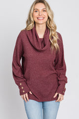 Burgundy Brushed Cowl Neck Button Accent Top