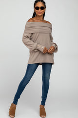 Taupe Brushed Cowl Neck Button Accent Top