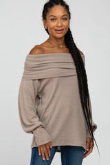 Taupe Brushed Cowl Neck Button Accent Top