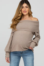 Taupe Brushed Cowl Neck Button Accent Maternity Top