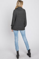 Charcoal Brushed Cowl Neck Button Accent Top