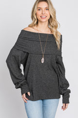 Charcoal Brushed Cowl Neck Button Accent Top