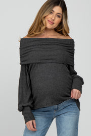 Charcoal Brushed Cowl Neck Button Accent Maternity Top