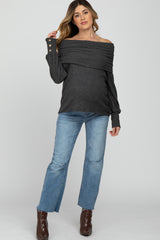 Charcoal Brushed Cowl Neck Button Accent Maternity Top