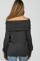 Charcoal Brushed Cowl Neck Button Accent Maternity Top