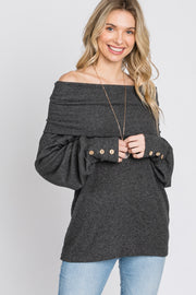 Charcoal Brushed Cowl Neck Button Accent Top