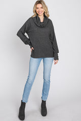 Charcoal Brushed Cowl Neck Button Accent Top