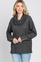 Charcoal Brushed Cowl Neck Button Accent Top