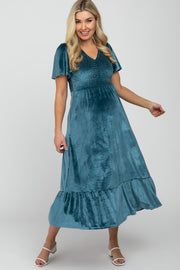 Teal Velvet Smocked Maternity Midi Dress