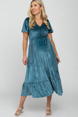 Teal Velvet Smocked Maternity Midi Dress