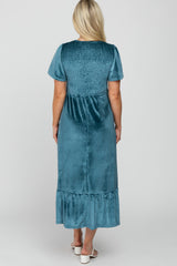 Teal Velvet Smocked Maternity Midi Dress