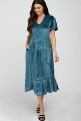 Teal Velvet Smocked Midi Dress