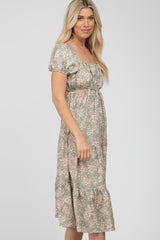 Light Olive Floral Cutout Midi Dress