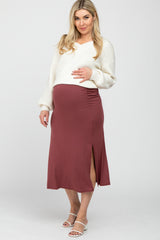 Dark Mauve Ruched Maternity Midi Skirt