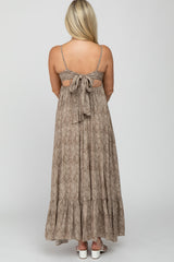 Taupe Printed Tie Back Maternity Maxi Dress