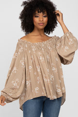 Taupe Floral Off Shoulder Long Sleeve Top