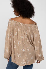 Taupe Floral Off Shoulder Long Sleeve Top