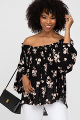 Black Floral Off Shoulder Long Sleeve Maternity Top