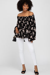 Black Floral Off Shoulder Long Sleeve Top