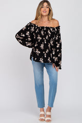 Black Floral Off Shoulder Long Sleeve Maternity Top