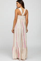 Pink Taupe Striped Halter Neck Maternity Maxi Dress