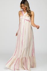 Pink Taupe Striped Halter Neck Maternity Maxi Dress