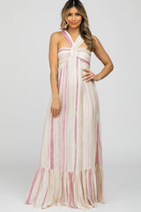 Pink Taupe Striped Halter Neck Maxi Dress