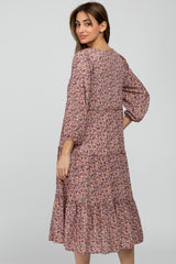 Mauve Floral Button Front Tiered Ruffle Midi Dress