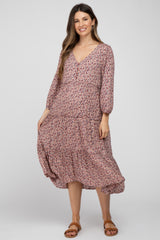 Mauve Floral Button Front Tiered Ruffle Maternity Midi Dress